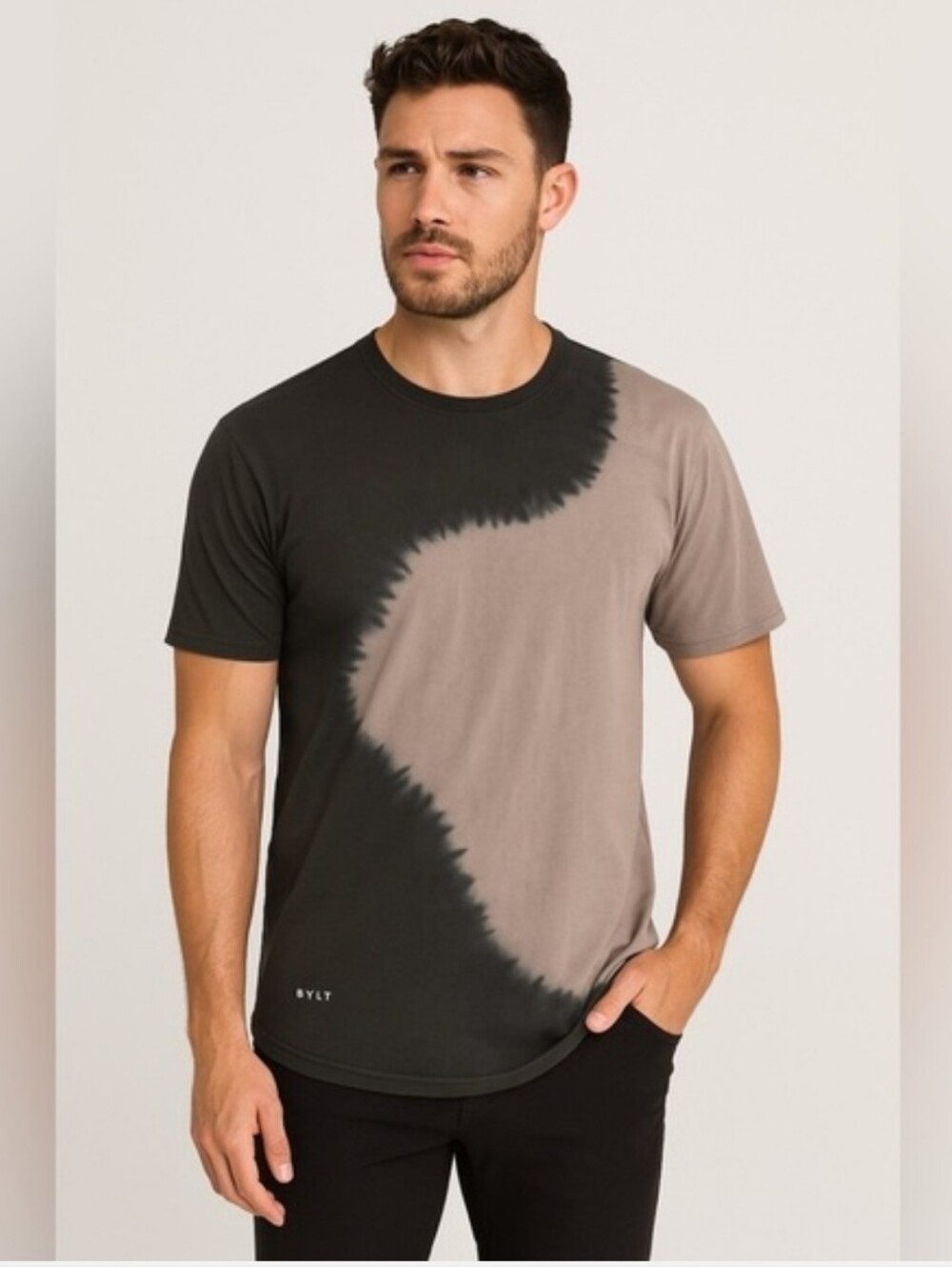 BYLT T-Shirt Mens Size Medium Short Sleeve Prism Dye Tee Crewneck Black Gray